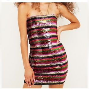 Urban outfitters strapless multicolored striped sequined bodycon dress.